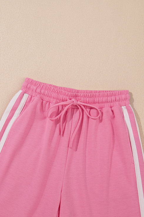 Sporty Chic Varsity Stripe Trim Crew Neck Tee Wide Leg Loungewear Set